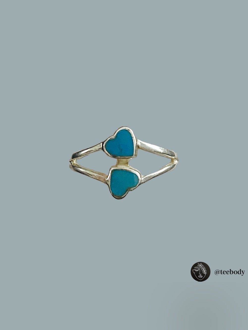 Vintage Navajo Sterling Silver Double Heart Turquoise Inlay Ring Size 7